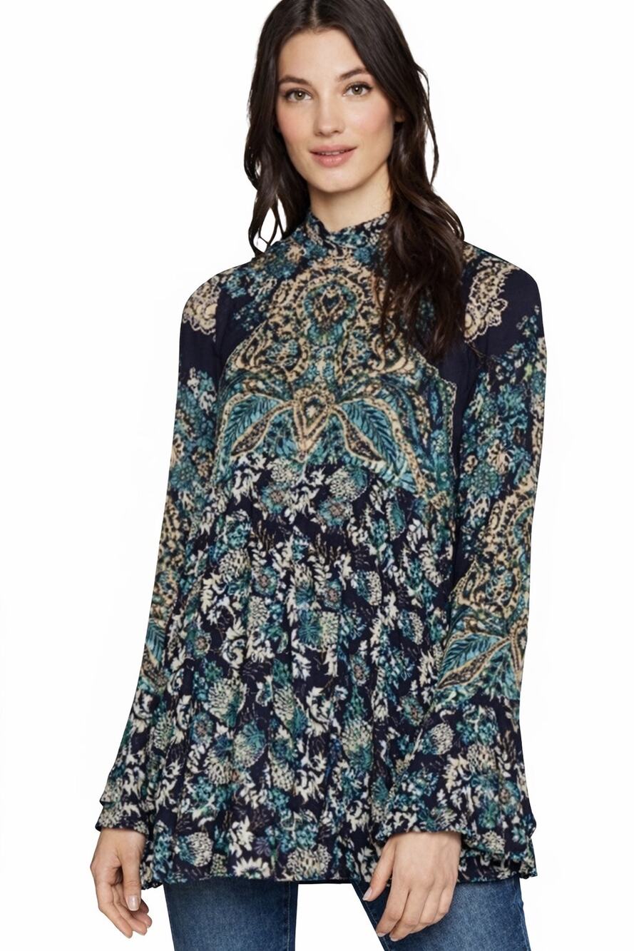 Free People Lady Luck Print Tunic Top Bell Sleeve Blue M Boho